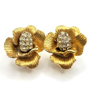 VTG ART Flower Earrings | Gold Tone with Clear Rhinestone | SIGNED